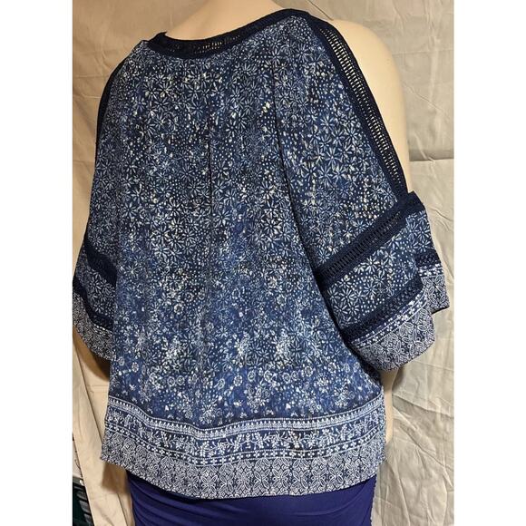 Elie Tahari L Silk Blouse Blue Cold Shoulder Metallic Embroidery Pleated Chiffon - Picture 6 of 14
